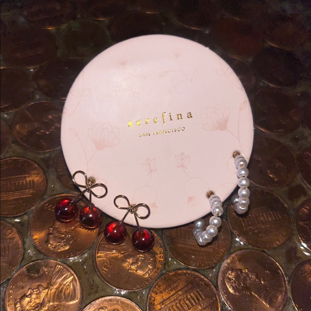 Anthropologie Serefina Cherry Bow and Pearl huggy Earring Set NWT